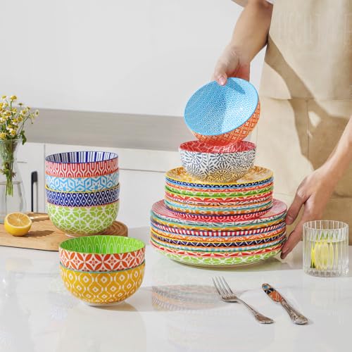 Image of Selamica Ceramic Plates and Bowls Sets,24 Pieces Dinnerware Sets for 8,Scratch Resistant Dish Set for family gathering,Dishwasher & Microwave Safe, Assorted Colors