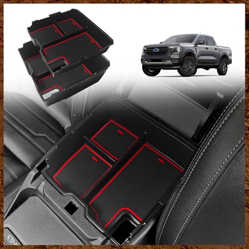Muslogy Center Console Organizer Compatible with Ford Ranger 2024 2025 2026 & Raptor Accessories Two-Layer Storage Box Insert Tray Secondary Storage Divider Armrest Tray ABS Material Glove Box (Red)