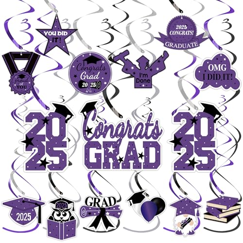 Image of Tifeson Graduation Decorations 2025 Purple - 21 PCS Graduation Party Supplies, Congrats Grad Hanging Swirls Decorations, High School College Graduation Party Decorations Class of 2025 Decor