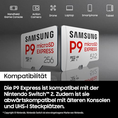 Samsung P9 Express microSD Express 512 GB, High-Speed Gaming Speicherkarte für Nintendo Switch 2, bis 800 MB/s Lesen, bis 310 MB/s Schreiben, Für 4K UHD Video, Konsolen und Kameras, MB-MK512T/WW