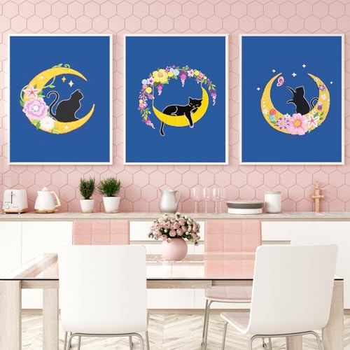 Image of Louise Maelys 3 Sets Cat Moon Embroidery Kits for Beginners with Floral Pattern, Cross Stitch Kit for Adults, DIY Needlepoint for Starter