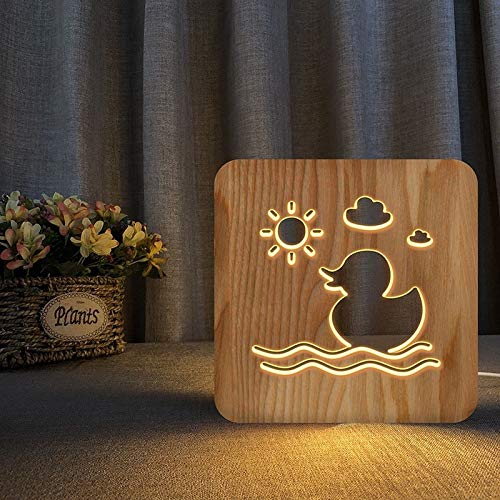 Lampe de table créative en bois véritable : veilleuse LED effet 3D sculpture canard