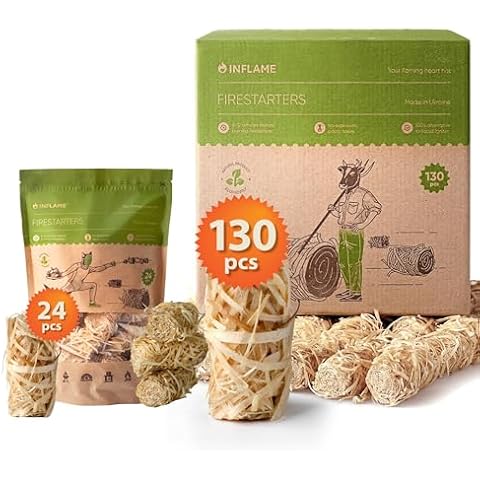 Inflame Fire Starters Set 154 pcs: 130 pcs + 24 pcs Firestarters for Campfires, Grill, BBQ, Fireplace, Woodstove - Charcoal Starter - Waterproof, Weather-Resistant - Natural Wood Fireplace Starters Cover