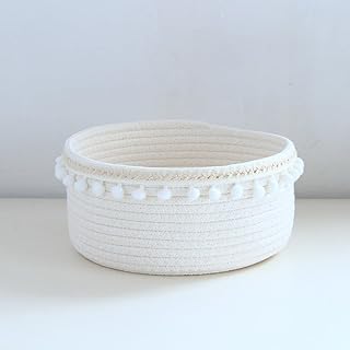 Wambere 1 cesta de almacenamiento de cuerda de algodón de 17 x 9 cm, cesta redonda grande, cesta trenzada con pequeñas bolas de pelo, para guardar cosméticos y aperitivos, color blanco lechoso B