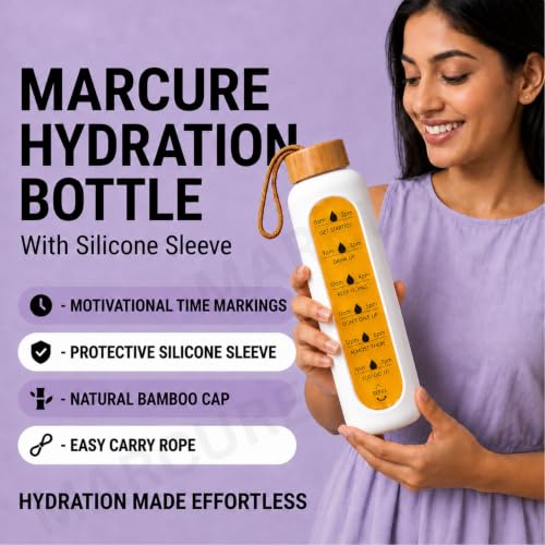 Image of Borosilicate Glass Water Bottle with Silicone Sleeve | Natural Bamboo lid | perfect for Home, Fridge, Office, Gym, Travel | BPA Free | White