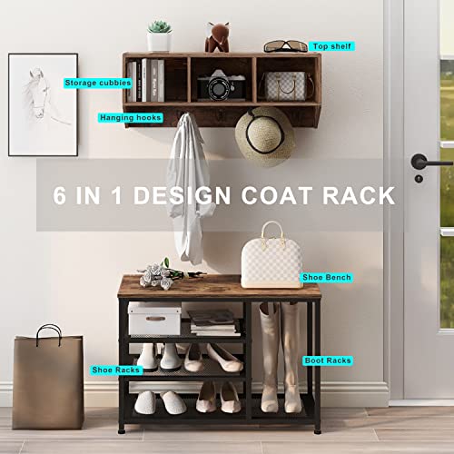 Espelism Coat Rack Shoe Bench Set Entryway Hall Tree With Bench Shoe Rack Wall Mounted Coat Rack 3 Storage Cubbies Display Shelf For Hallway Wooden And Metal Frame (Brown) #TOP2