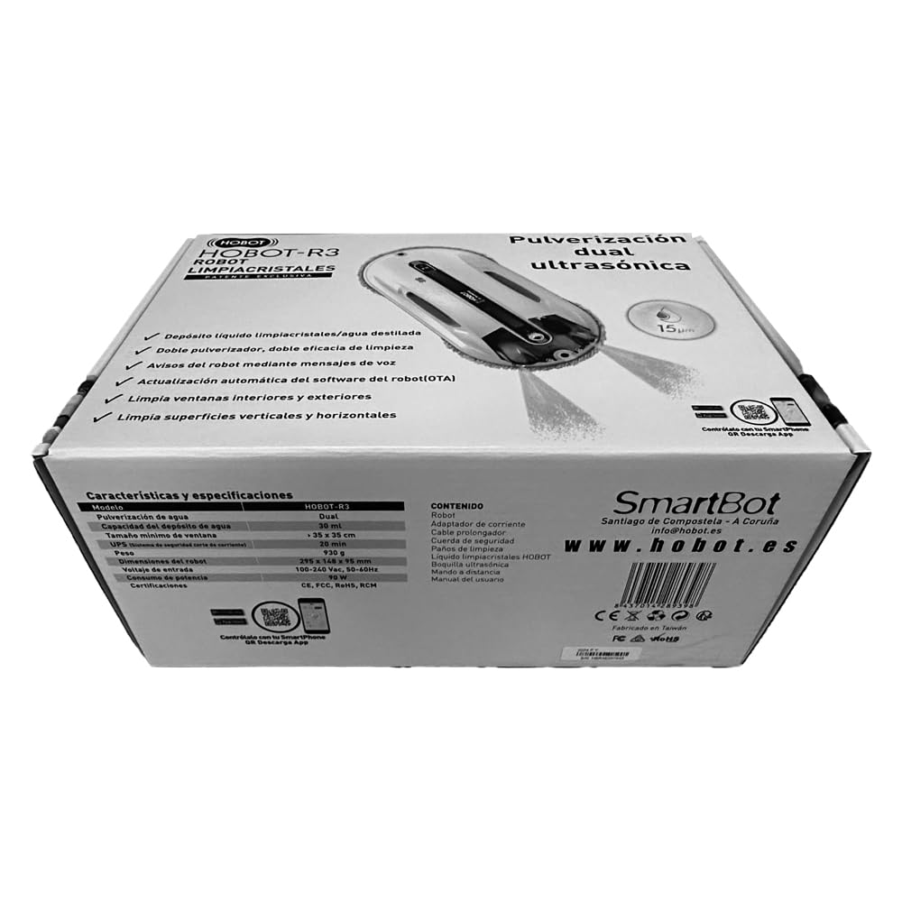 SMARTBOT Robot Limpiacristales - Bajo Consumo de Corriente (80W) - Limpiacristales eléctrico 3 años garantía 12 Trapos de Microfibra - Sistema de Navegación y Anticaída HOBOT-R3 Robot Limpiacristales
