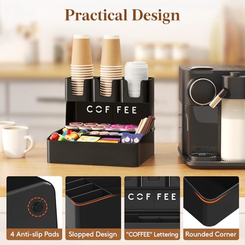 Image of Lifewit 2-tier Coffee Station Organizer Caddy for Countertop, 10 Compartments Coffee Bar Organizers for Cups, Pods, Sugar, Compact Condiment Holders Storage for Office Breakroom Kitchen Home Black