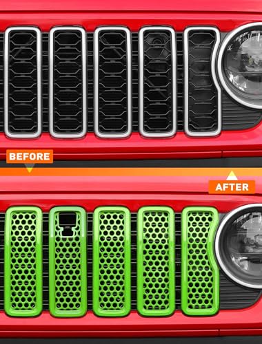 Image of Savadicar Front Grill Inserts with Camera Slot for 2024+ Jeep Wrangler JL JLU 4XE & Gladiator - Elevate Your Wrangler's Aesthetics with Mesh Grille Cover Guard, Exterior Trim Accessories, 7PCs, Green
