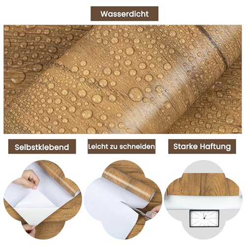 Hode Klebefolie Möbel Möbelfolie Holzoptik Selbstklebend, Holzfolie Schrankfolien Selbstklebende Folie für Möbel Arbeitsplatte Küche, Tapete Holz Braun Eiche 30x200cm