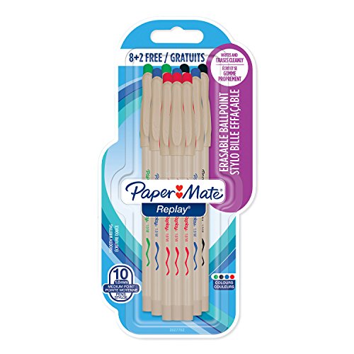 Paper Mate Replay Löschbarer Kugelschreiber - 10er Pack Farbig Sortiert, Mit Radierer, 1.0 Mm Mine