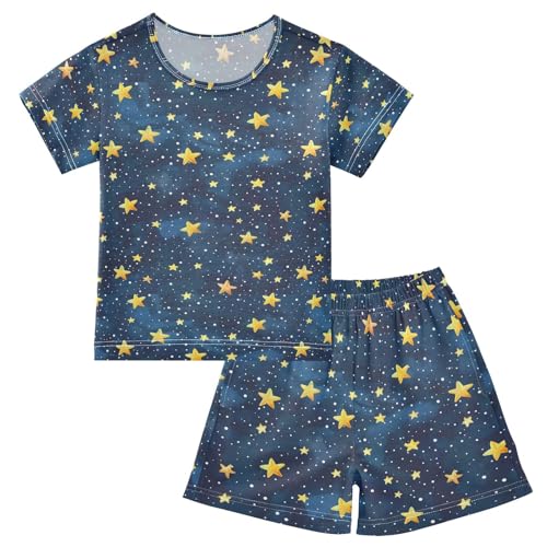 ALAZA Cartoon Style Starry Dark Night Pajamas Set Short Sleeve Cotton Sleepwear Summer Pjs 2 Piece 5-14Y