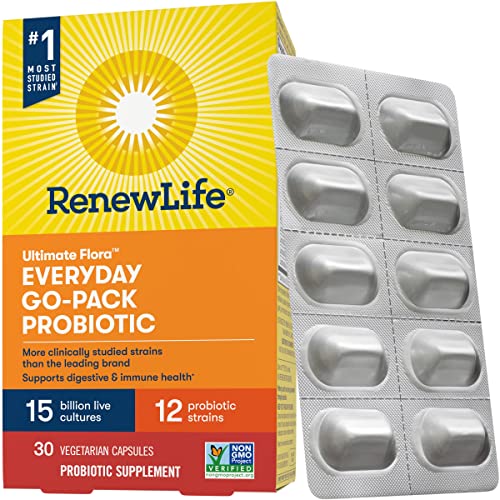 Renew Life Adult Probiotics, 15 Billion CFU Guaranteed, Everyday Go-Pack Probiotic Supplement for Digestive & Immune Health, Shelf Stable, Gluten Dairy & Soy Free, 30 Capsules