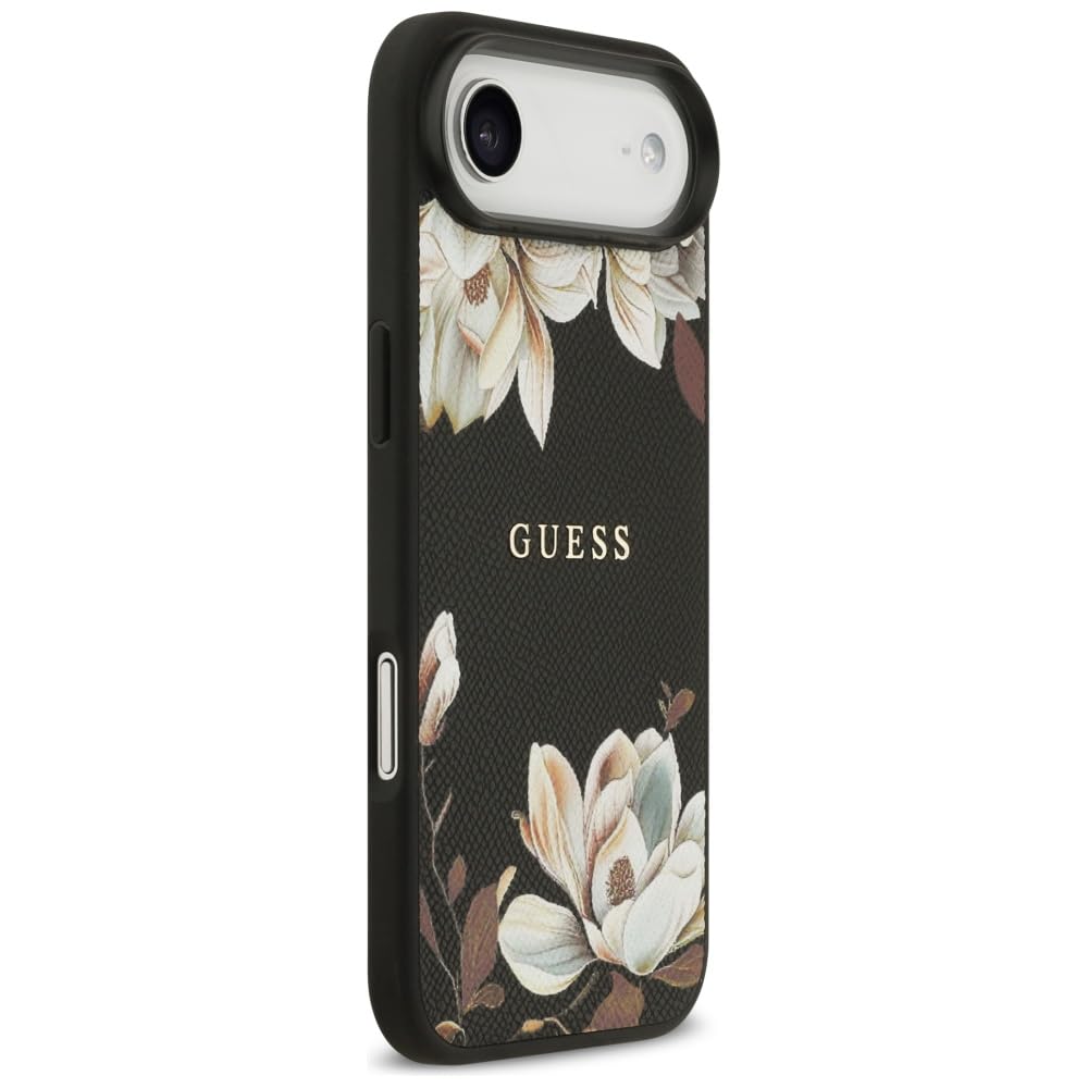 CG MOBILE Guess Grained Fleurs Classic Logo Compatible avec MagSafe Coque pour iPhone 17 Air (Noir)