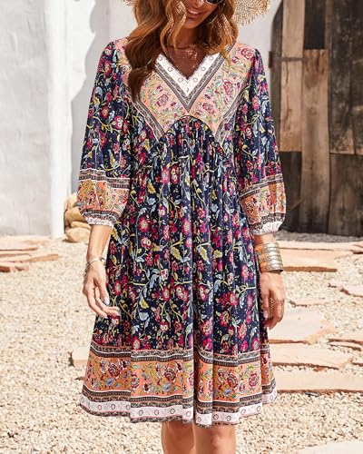 Image of BTFBM Women Casual Spring Summer Dresses V Neck 3 /4 Long Sleeve Ruffle Floral Flowy Boho Babydoll Mini Short Beach Dress