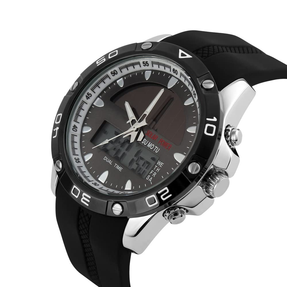 Solaire Montres Bracelet de Homme Outdoor Militaires 5ATM Étanche Multifonctionnel Analogique Quartz LED Sport Digital Montre Acier Inoxydable de la Lunette et Caoutchouc Ruban