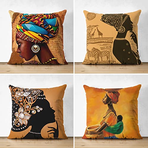 Realhomes Set Of 4 African Woman Illustration Pattern Square Cushion Cover - Pack 4 Safari Black Throw Pillowcase - Ethnic Themed Brown Decorative Accent Pillow Cover - 18X18 Inc #TOP5