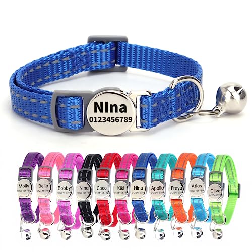SEOUGEE Cat Collar Quick Release with Personalised Name Tag Reflective Kitten Collars with Bells & Safety Release 19-30 CM Adjustable Dark Blue