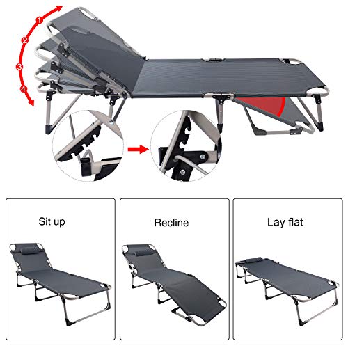 Redcamp Folding Camping Cot With Thick Cot Pads, Adjustable 4-Position Reclining Folding Chaise Lounge Chair With Pillow For Camping Outdoor Beach Pool, Grey 75''×25'' #TOP3