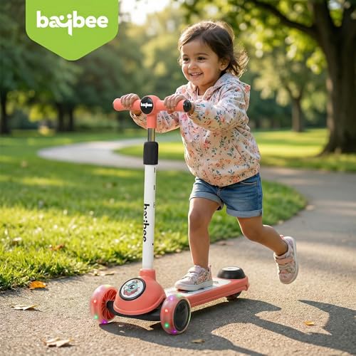 Image of Baybee Rolo Kick Scooter for Kids, 3 Wheel Kids Scooter with 3 Height Adjustable Handle, Music & Rear Brake, Skate Scooters with PU LED Wheels | Runner Scooters for Kid 3+ Years Boys Girls (Pink)