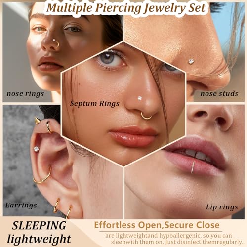 Hypoallergenic 14K Gold Plated Nose Rings Studs Set for Women Men:316L Stainless Steel Clicker Nose Rings,Dainty CZ L Shaped/Corkscrew/Straight/Clear Nose Studs,Nostril Piercing Jewelry 15PCS4