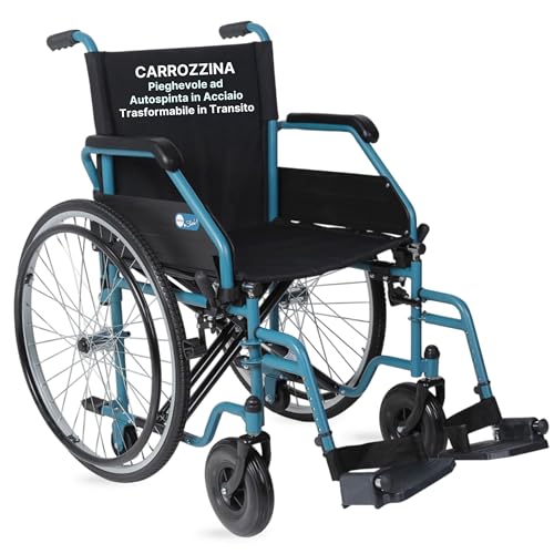Struttura rinforzata e funzionale: carrozzina per anziani e disabili con telaio in acciaio verniciato a doppia crociera, ruote posteriori Ø60 cm a razzi in alluminio con sgancio rapido, ruotine di sicurezza e corrimano in acciaio verniciato nero