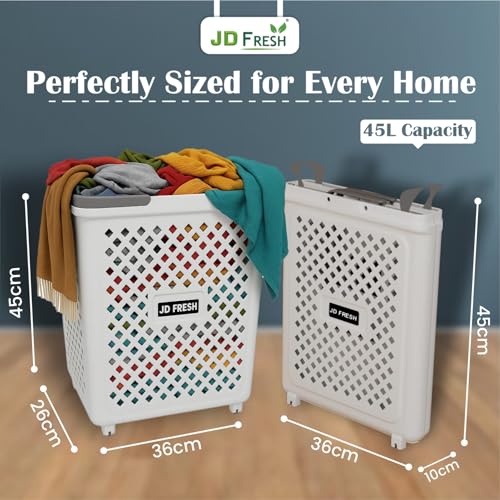 Image of JD FRESH Large 45 Liters Foldable Laundry Basket /Multipurpose Laundry Bag for Clothes with Wheels and Integrated Handles /Movable Plastic Clothes Basket /Laundry Bucket for Home & Laundry Room - (White)