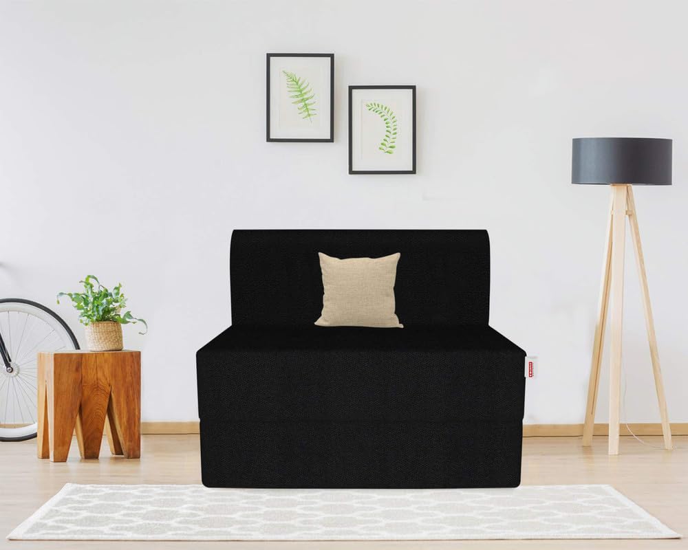 Coirfit Single Seater, 3' X 6' Feet Folding Sofa Cum Bed - Perfect for Guests - Jute Fabric Washable Cover with Free Cushions - Black