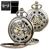 DerMacht Pocket Watch Skeleton Mechanical Double Case Roman Numerals for Men with Gift Box - Bronze