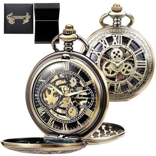 Montre de poche squelette mécanique double boîtier et chiffres romains homme