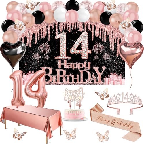 14th Birthday Decorations for Girls 49pcs Black Rose Gold Black Banner Tablecloth Butterfly Decor 14th Birthday Sash and Tiara Cake Topper Candles Balloons Arch