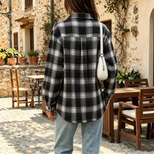 Black Plaid Shirts for Women Button Down Fashion Jacket with Chest Pocket - image 6