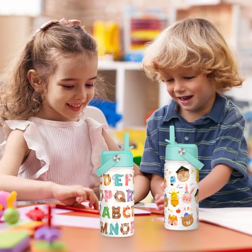Image of SANDJEST Alphabet Kids Water Bottle with Straw Lid 12oz Insulated Stainless Steel, Travel Tumbler, Animal Gifts for Boys Girls, Birthday, Christmas, Back to School