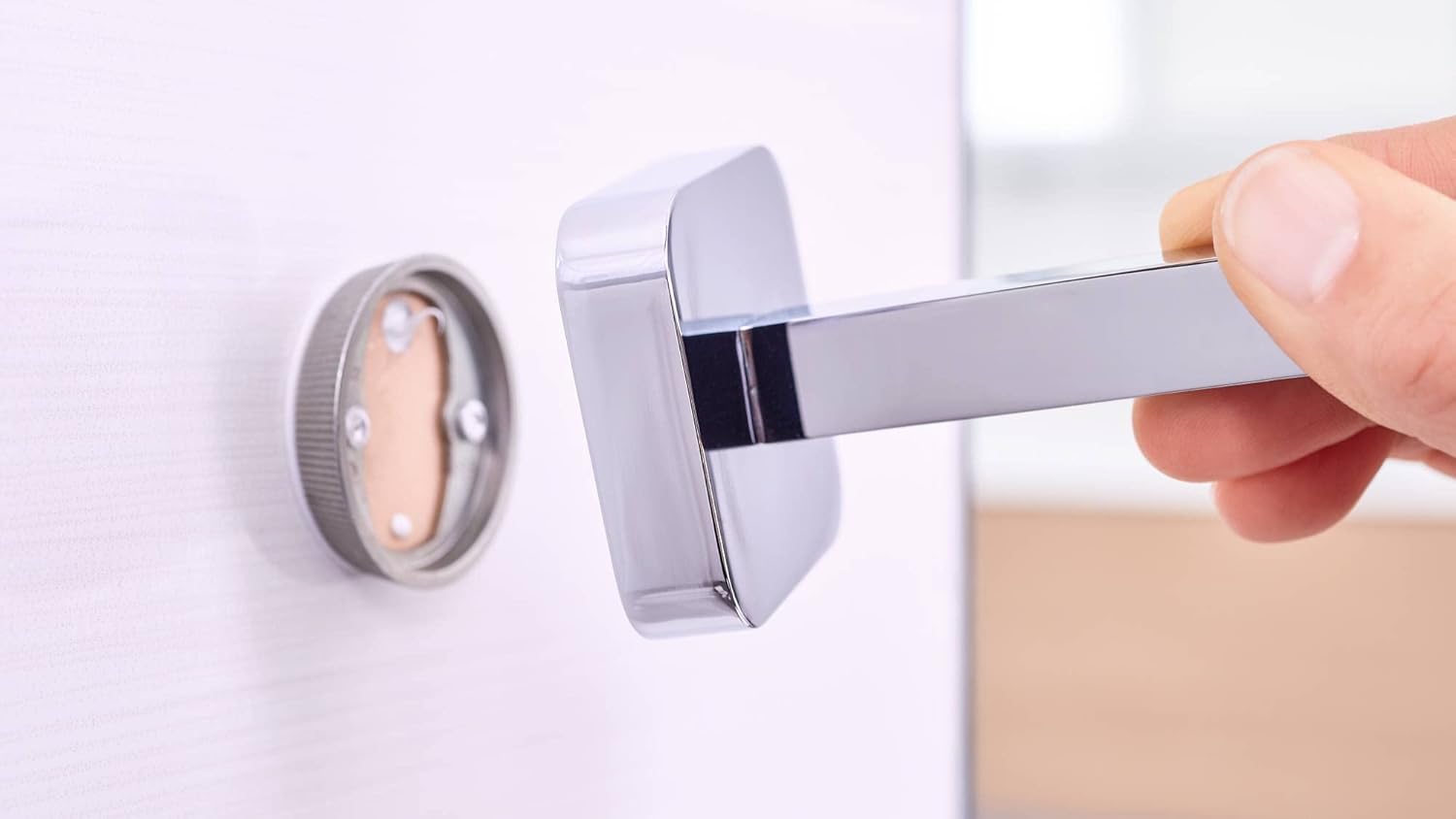 tesa® ESTEETIC Single Towel Rail - Self-Adhesive Towel Bar in Stainless-Steel Design - Wall-Mounted Towel Holder - Waterproof, incl. Power.Kit Adhesive Solution - 91 mm x 630 mm x 50 mm