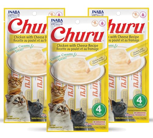 Image of INABA Churu Cat Treats, Grain-Free, Lickable, Squeezable Creamy Puree Cat Treat /Topper with Vitamin E & Taurine, 0.5 Ounces Each Tube, 12 Tubes (4 per Pack), Chicken with Cheese Recipe
