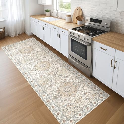 Runner Rug Kitchen Washable Rugs: 3x10 Non-Slip Boho Soft Vintage Stain Resistant Indoor Floor Neutral Farmhouse Throw Carpet for Hallway Bathroom Laundry Room Entryway Bedroom- Cream
