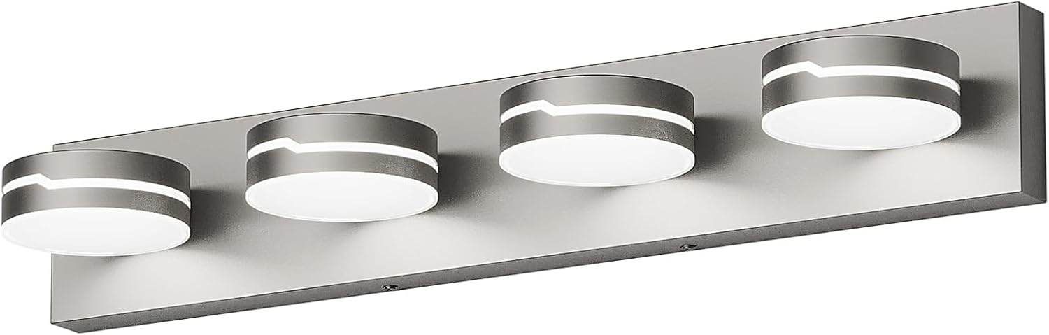 Modern 4-Light Brushed Nickel Bathroom Light Fixture for Bathroom Lighting Fixtures Over Mirror 24W Brushed Nickel Vanity Led Lighting with 350°Rotatable Acrylic Heads (Cool White 5500k)