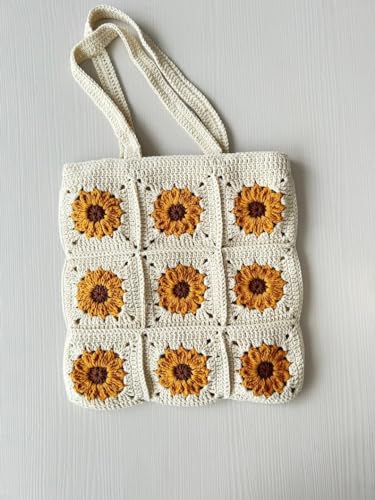 Image of ZZARA Women's Stylish Cotton Hand-Crochet Spacious Tote Bag, Handmade Knitting Shoulder Bag, Vintage Style Bohemian Shopping Bag