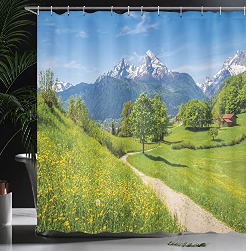 ABAKUHAUS Landscape Shower Curtain, Wildflowers in the Alps and Snow-capped Mountains National Park Bavaria Germany - Image 3