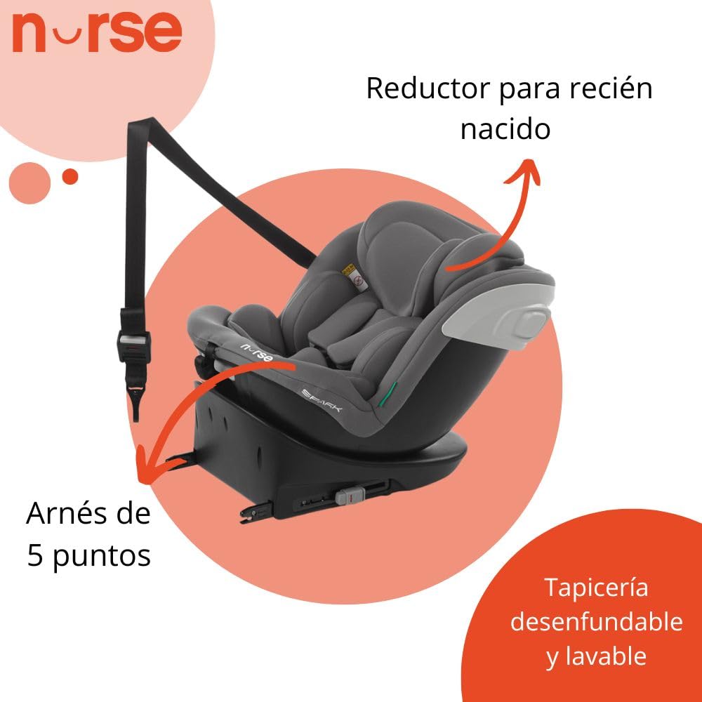 Nurse Spark, Silla Coche Bebé iSize, 40 a 150 cm, de 0 a 12 Años, Isofix, Top Tether, Giratoria 360, Posición de Carga, 13 Posiciones, Color Gris Storm, Spark i-Size