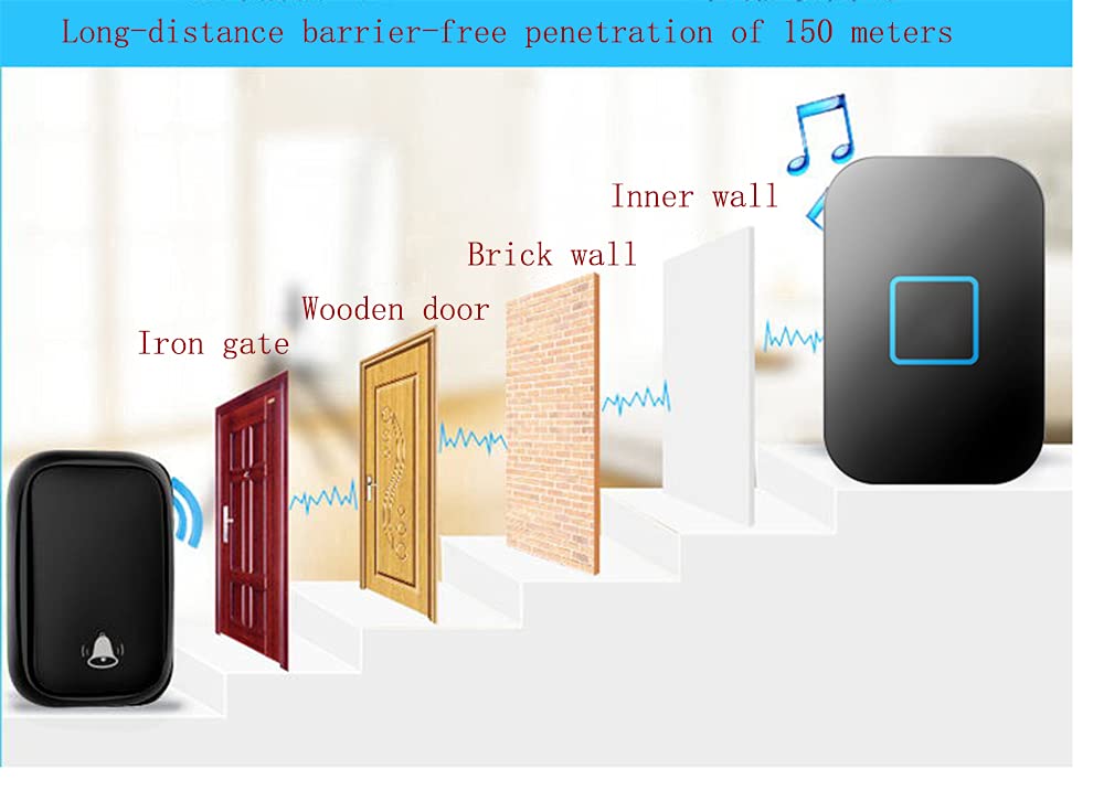 Timbre Inalámbrico Timbre Autoalimentado Inalámbrico Operado a 150 M De Alcance, Timbre Impermeable IP44, 60 Campanillas Fuertes con Luz LED Intermitente, Negro