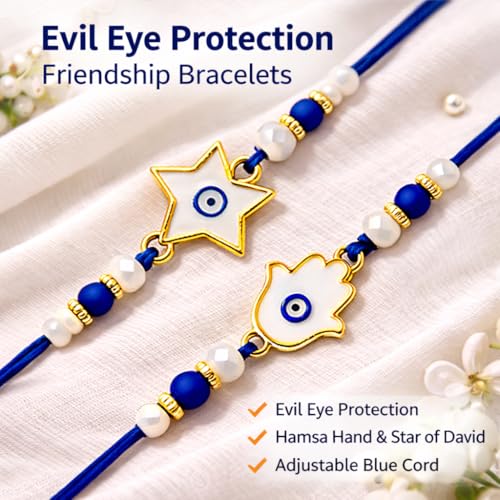 Image of Riddhika Ventures Elegant Evil Eye Rakhi for Protection from Negative Energy (Set Of 2) With Roli Chawal And Greeting Card (R1S1)