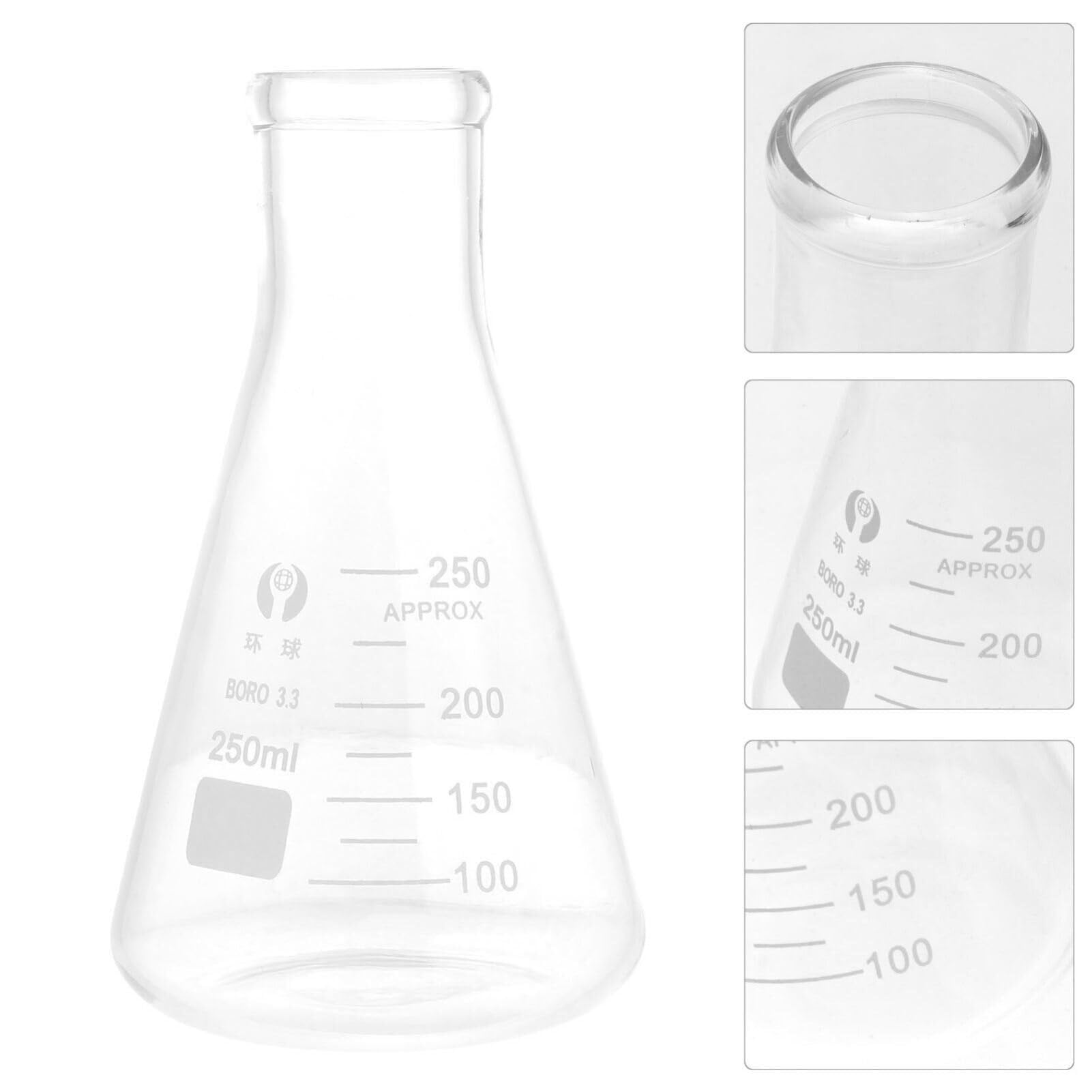 Juego de 4 Matraces de Erlenmeyer de Vidrio Borosilicato 250ml - Matraces Cónicos de Laboratorio con Graduaciones Claras(14X8.5CM)