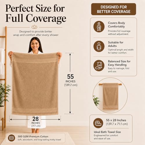 Image of 100% Pure Cotton Bath Towel for Men & Women | 380 GSM Ultra Soft, Highly Absorbent & Quick Dry Bath Towel | Large 55 x 28 Inch Matty Terry Towel for Bathroom, Gym, Travel & Daily Use | Light Brown
