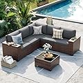 UDPATIO Patio Furniture Set, 8 Inch Armrest Outdoor Sectional Sofa with Wicker Coffee Table, 6 Piece Conversation for Garden, Backyard, Dark Grey