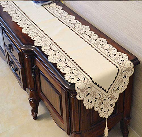 Lelehome Classic Table Runner 15 Inch X 77 Inch, Flower Embroidery Beige Brown Dresser Scarf Dining Kitchen Home Decoration Lace Tapestry #TOP7