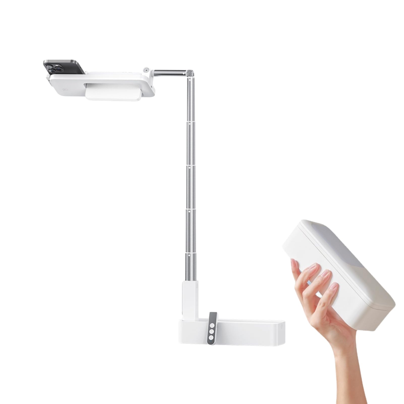 Ausziehbarer Selfie Ständer, mit LED Licht mit 5 Helligkeiten, um 360° Drehbarer, Wiederaufladbarer Telefonständer für Aufnahmen, Faltbare Überkopfhalterung für Live Streaming