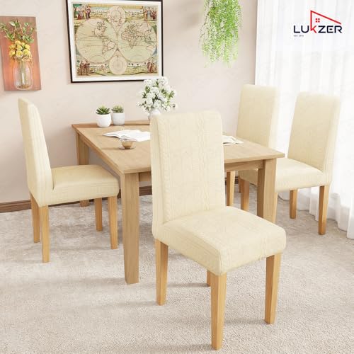 Image of Lukzer Elastic Dining Chair Cover - 6PC Pastel Yellow Zigzag | Textured High Stretch Jacquard Seat Cover | Removable Washable Short Dining Chair Cover Protector Seat Slipcover | (CC-080-06)