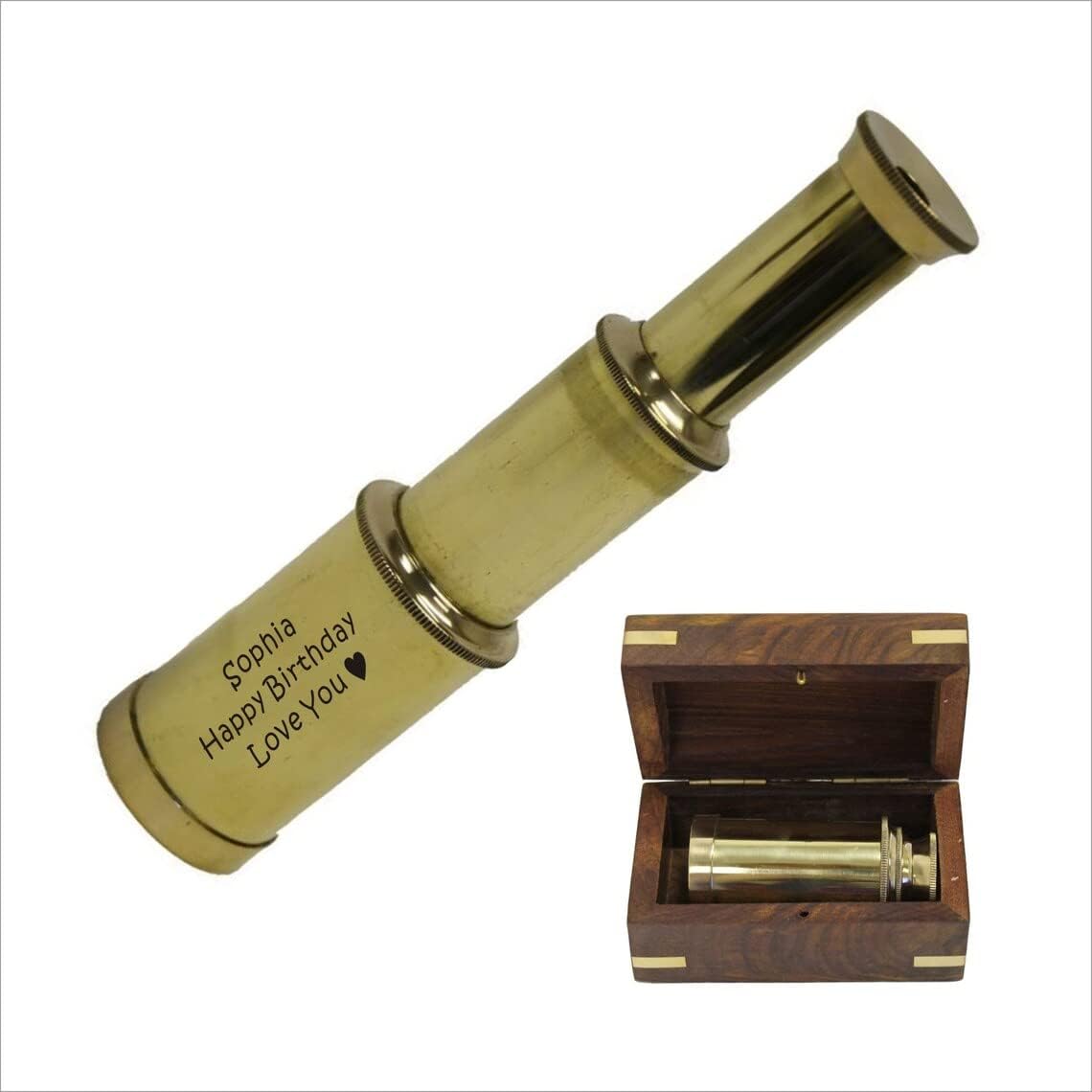 Personalized Engraved Solid Brass Handheld 6" Telescope - Customized Nautical Pirate Spy Glass with Wood Box