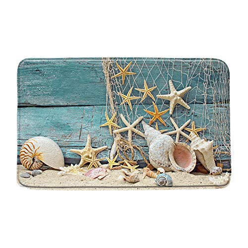 BOYIAN Alfombrilla de baño con diseño de estrella de mar y conchas, diseño náutico, de madera, redes de pesca, rústico para amantes del mar, de microfibra azul y espuma viscoelástica, 40,6 x 61 cm